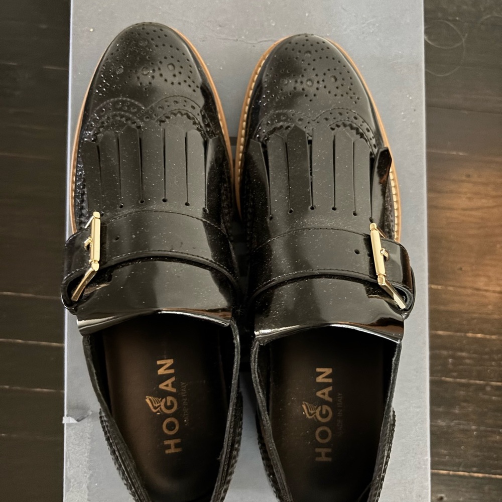 Hogan Women’s Route H259 Black patent Leather Buckle Fringe Loafers EU37 NIB